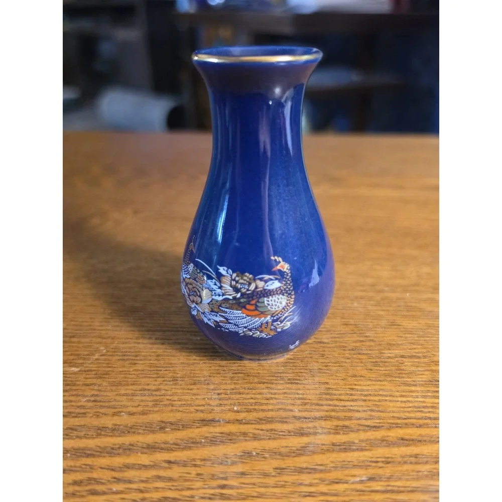 Small Vintage Japanese Cobalt Blue Vase Peacock Flowers‎ & Gold Bud Antique Cute